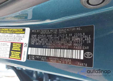 2025 Toyota Camry Xle from USA, damaged, VIN 4T1DBADKXSU536832